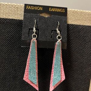 Hand Crafted Pink and Teal Glitter Layered Drop Earrings